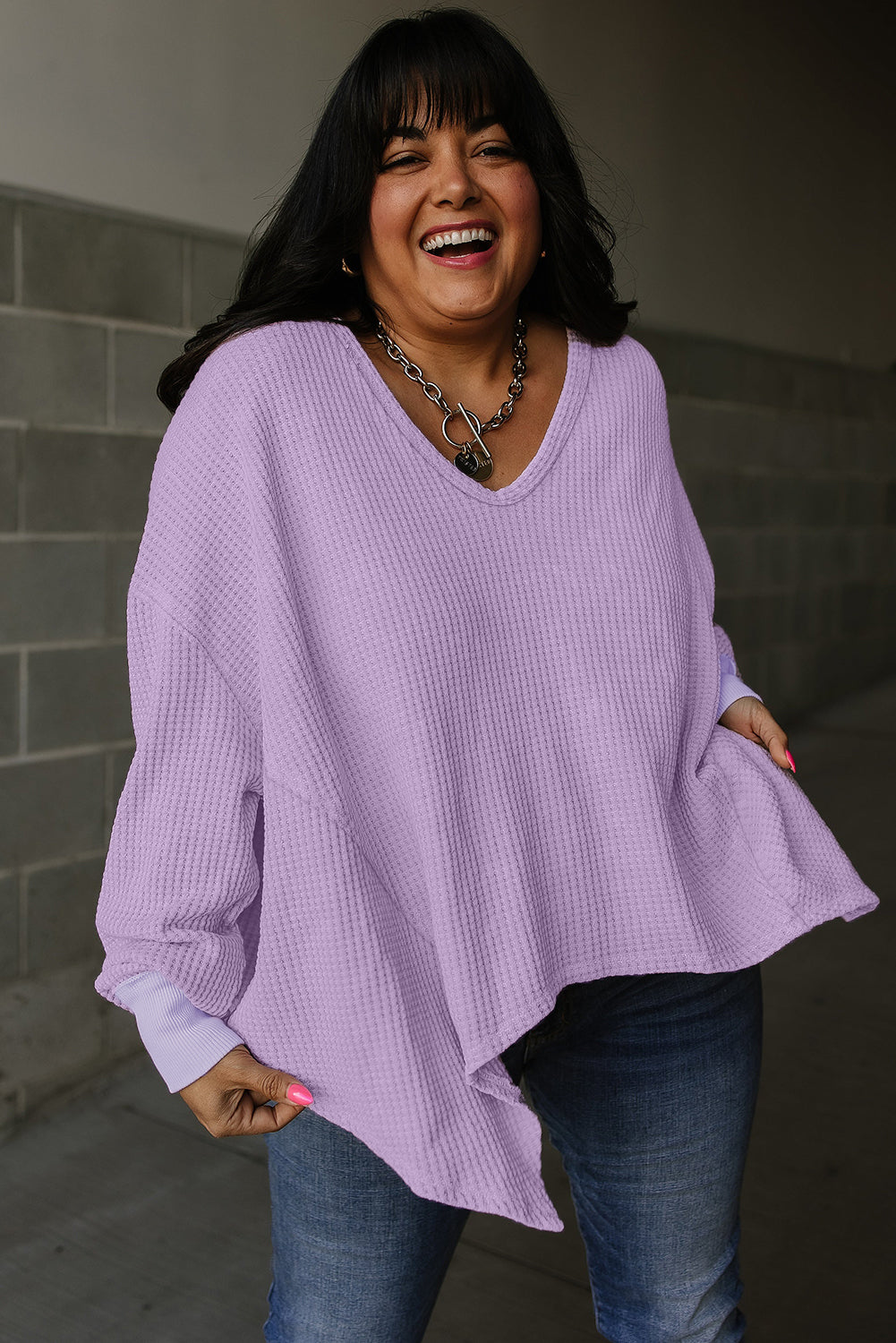 Orchid Petal Plus Size Waffle Knit Exposed Seam Flowy Top