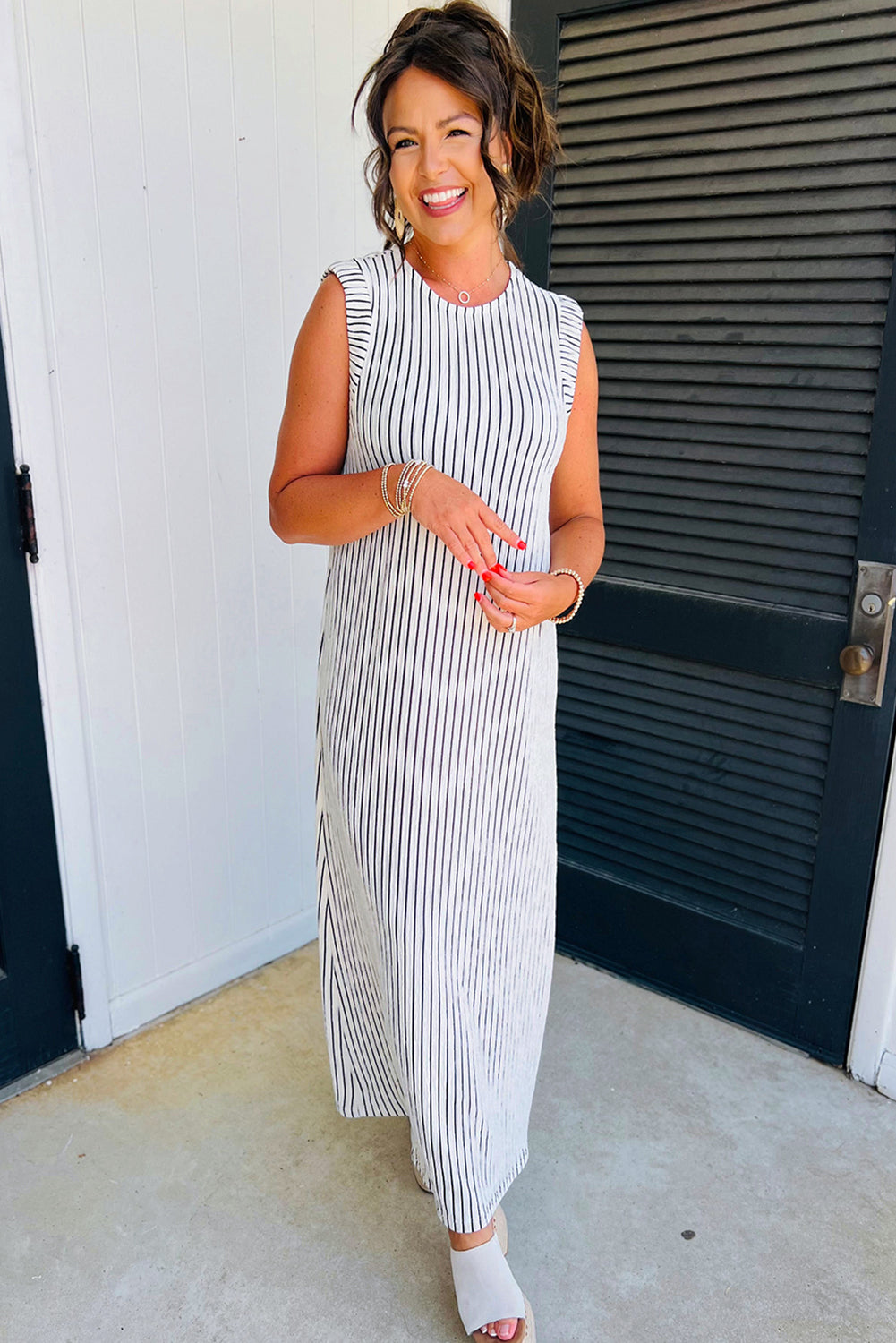 Black White Striped Round Neck Maxi Vest Dress