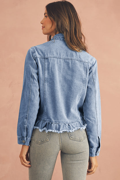 Navy Blue Ruffle Raw Hem Flap Pockets Denim Jacket