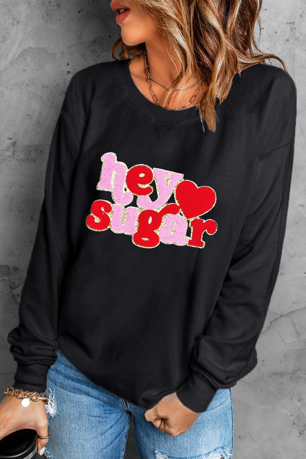 Black Chenille Heart hey sugar Patched Pattern Valentines Pullover Sweatshirt