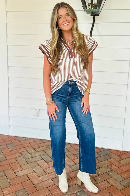 Black Stripe Double Ruffled Short Sleeve V Neck Blouse
