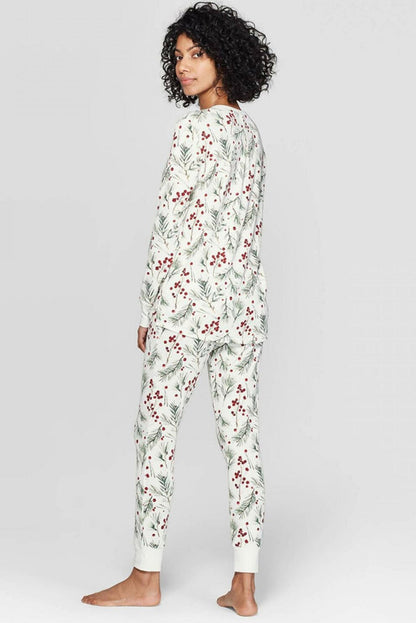 White Holly Print Christmas Pullover Pants Pajama Set