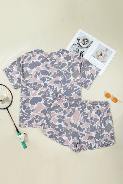 Multicolour Plus Size Camouflage Print Casual Tee and Shorts Set