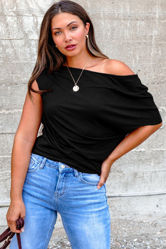 Black Plus Size Solid Color Asymmetric Neck Short Sleeve Blouse