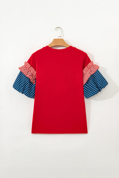 Fiery Red Stars Stripes Short Puff Sleeve Top