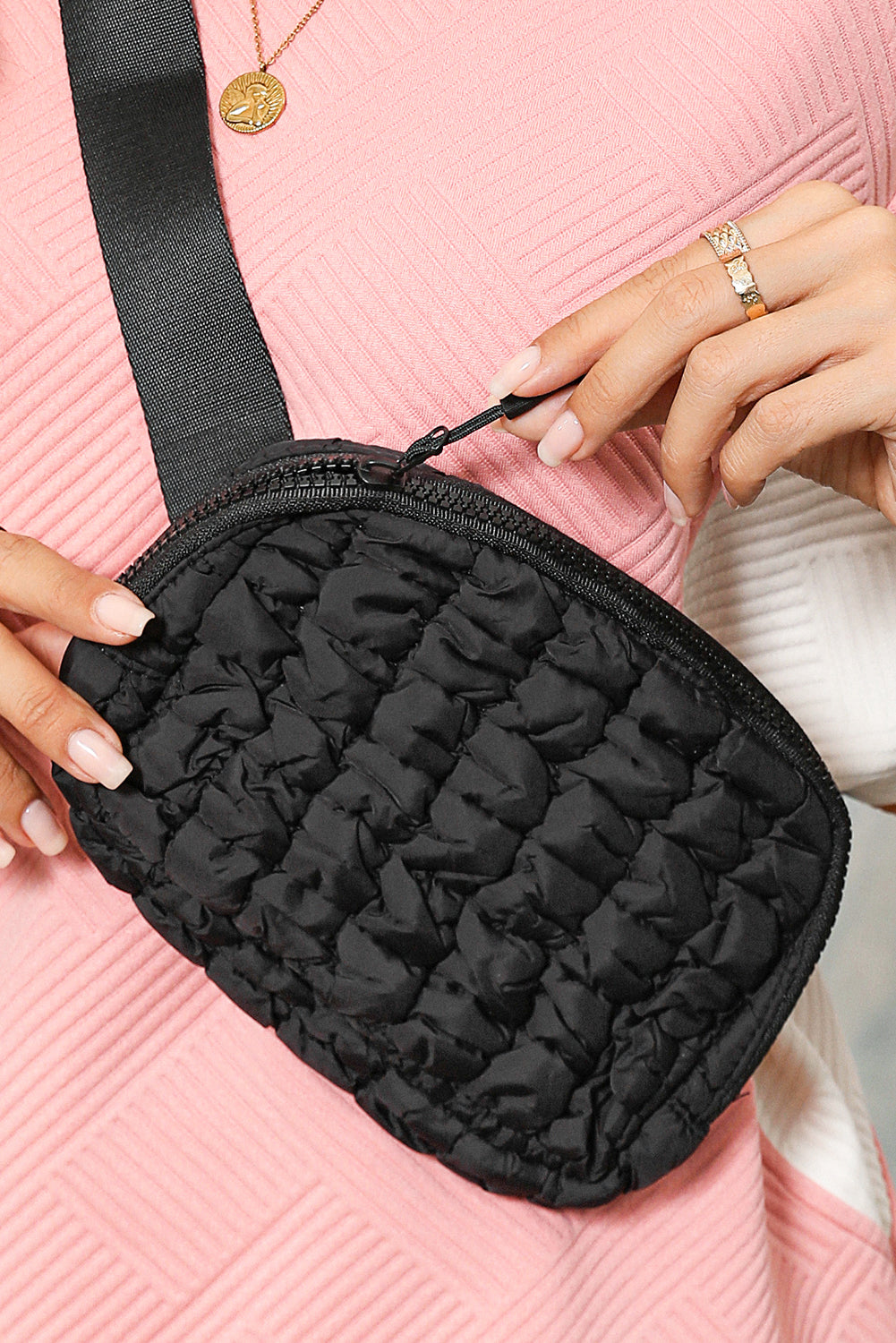 White Quilted Puffer Belt Zipper Crossbody Bags