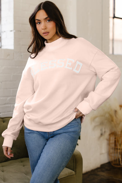 Bright Pink Oversize Blessed Embroidered Mock Neck Sweatshirt