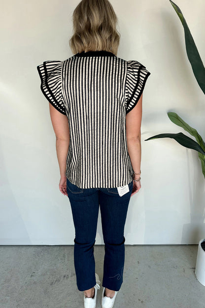 Black Stripe Double Ruffled Short Sleeve V Neck Blouse