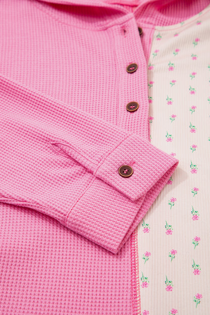 Pink Mixed Texture Waffle Floral Patchwork Hooded Oversized Pullover Top