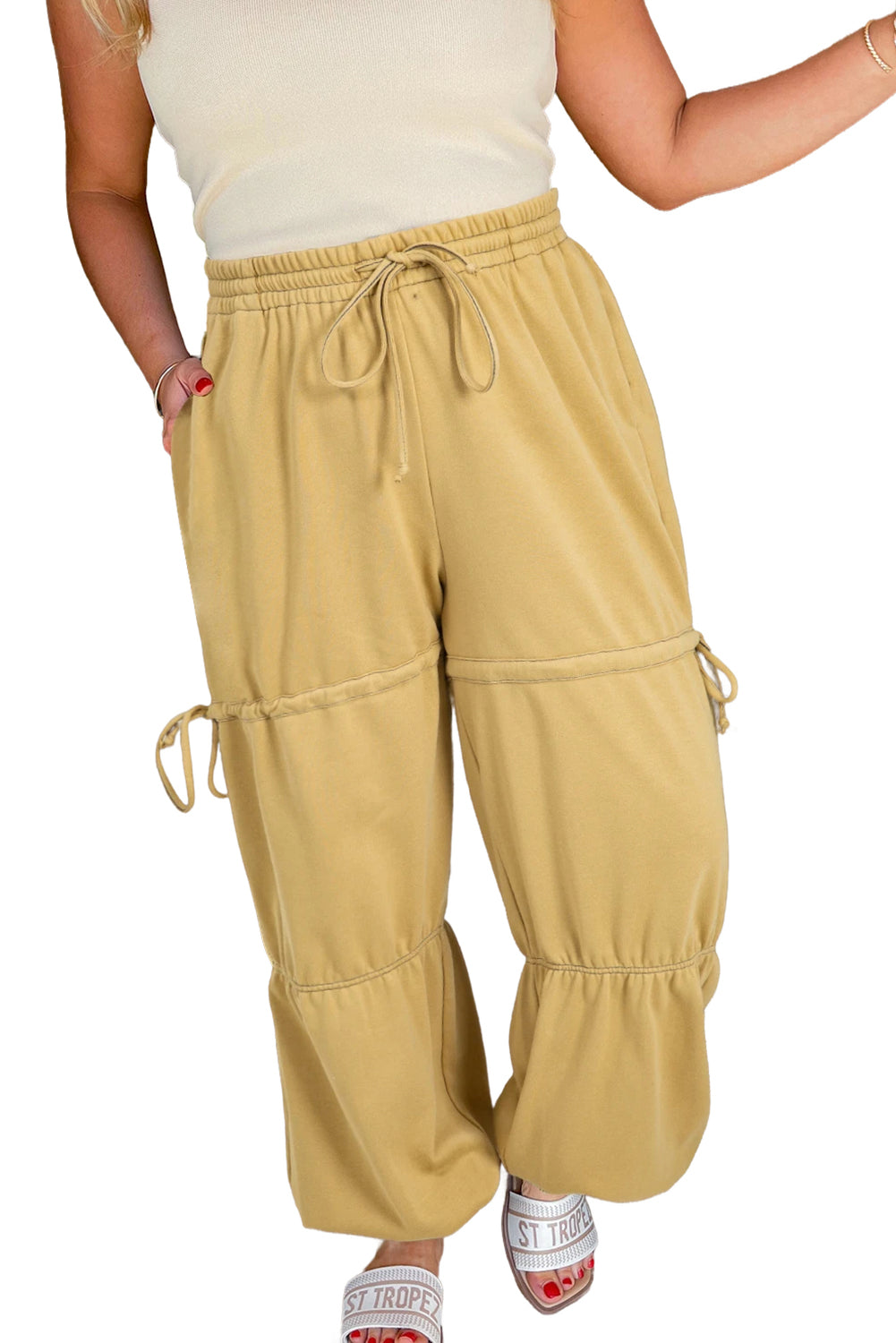 Beige Drawstring High Waist Plus Size Pants