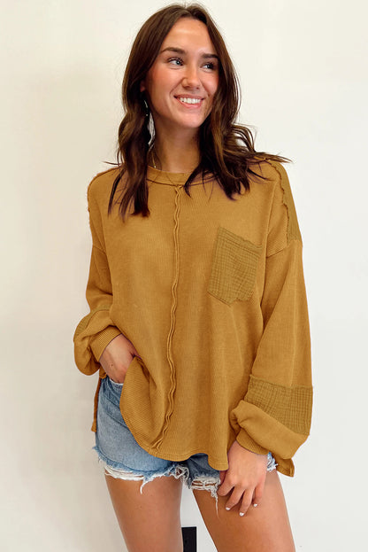 Brown Waffle Crinkle Patchwork Long Sleeve Top