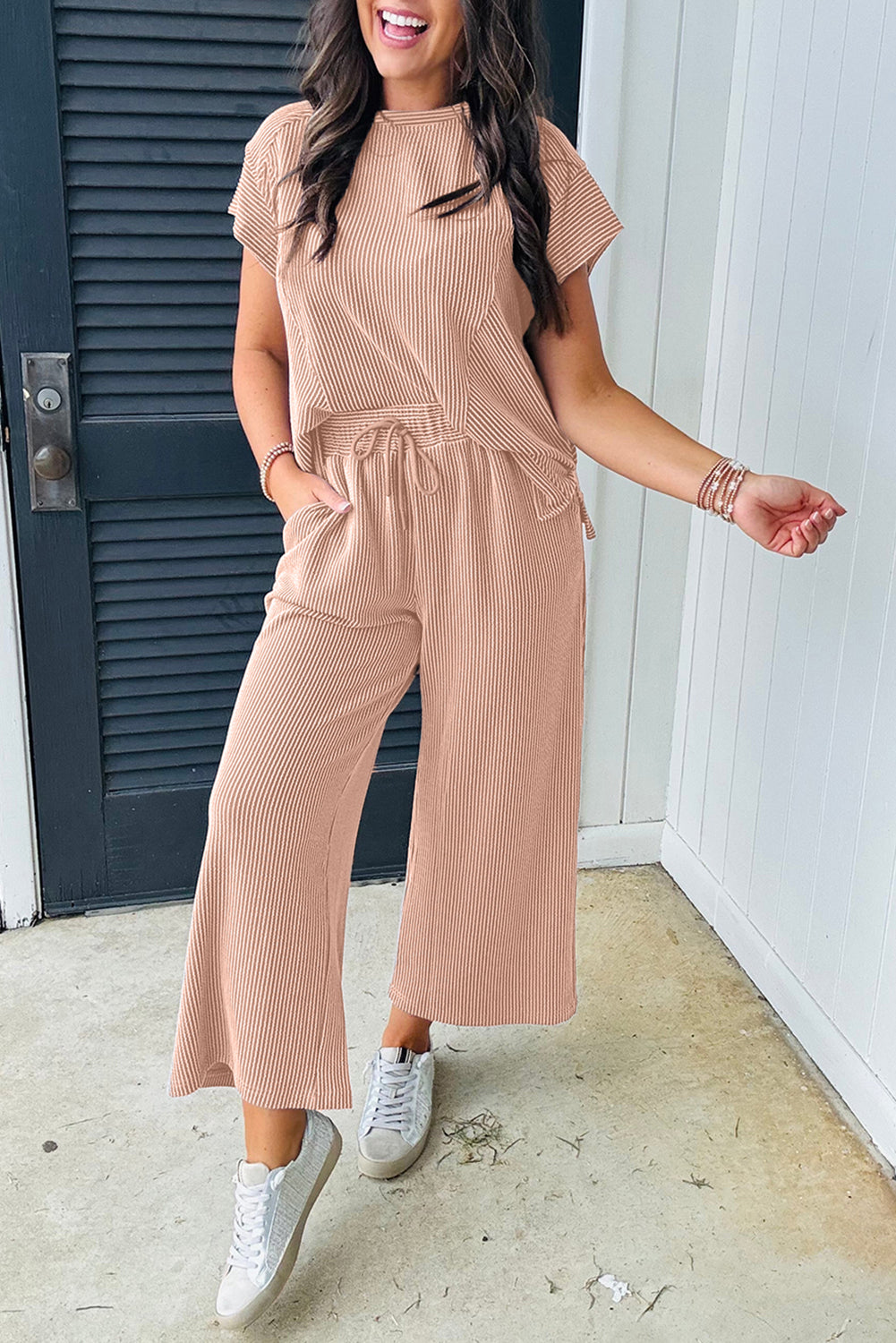 Solid Corded Short Sleeve T Shirt And Wide Leg Pants Set