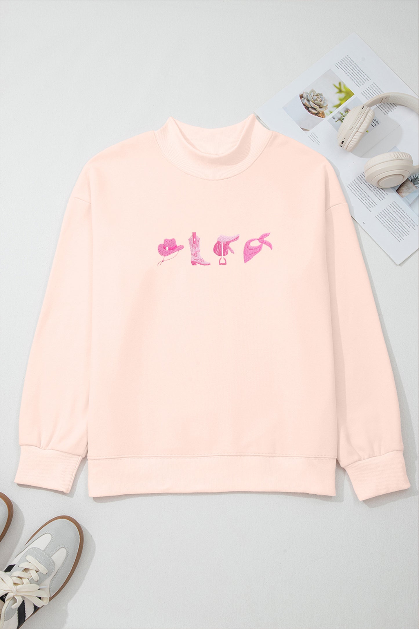 Apricot Pink Cowgirl Element Embroidered Detail Mock Neck Sweatshirt