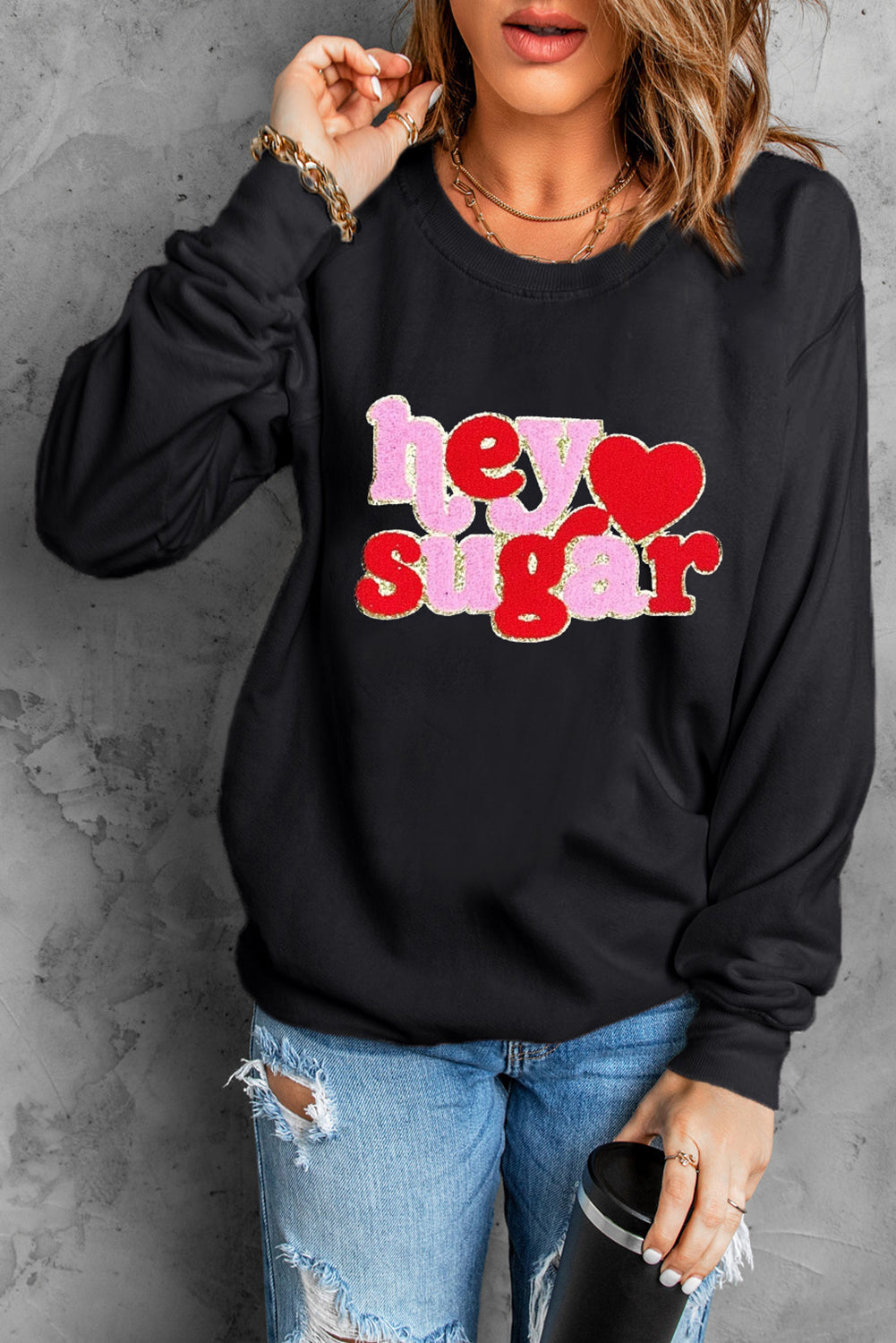 Black Chenille Heart hey sugar Patched Pattern Valentines Pullover Sweatshirt