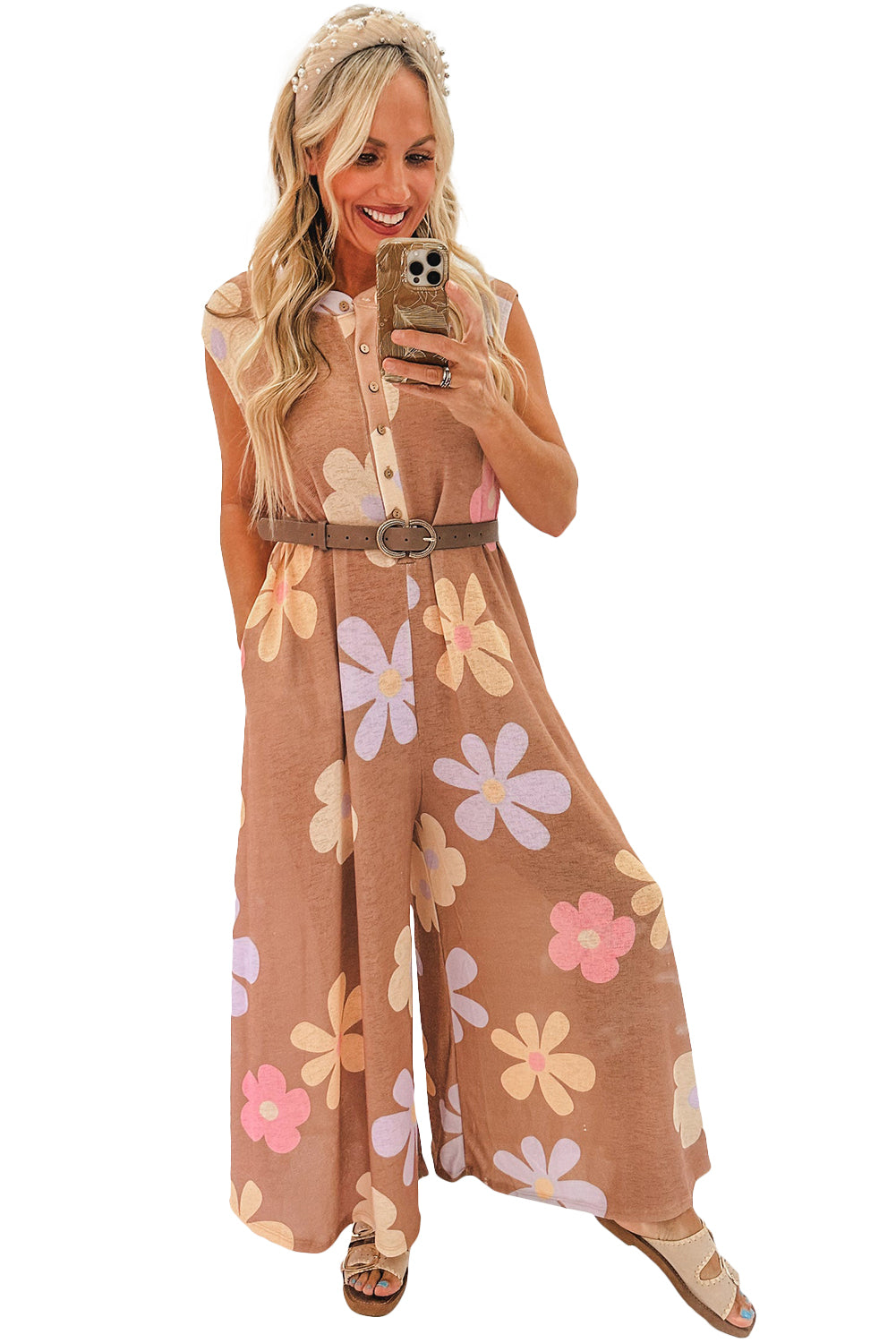 Khaki Floral Print Sleeveless Button up Wide Leg Loose Jumpsuit