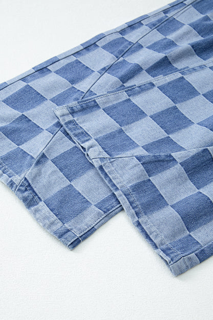 Dusk Blue Checkered Light Washed Wide Leg Jeans