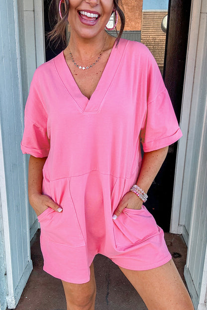 Myosotis Loose Half Sleeve V Neck Plain Romper