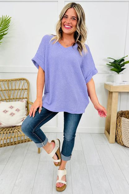 Clearly Aqua Waffle V Neck Short Sleeve Knit Top