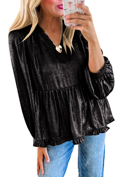 Black Velvet Frill V Neck Puff Sleeve Babydoll Blouse