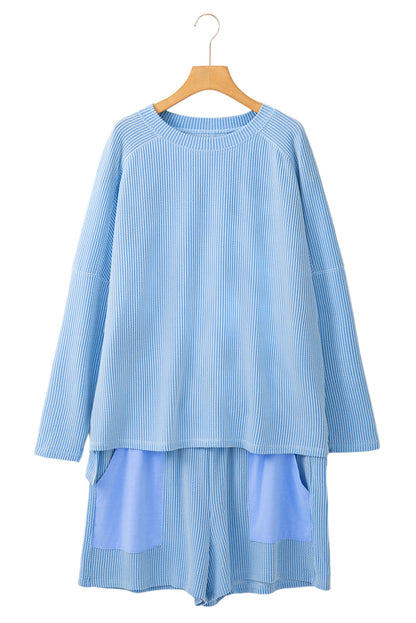 Light Blue Plus Size Ribbed Long Sleeve Top and Drawstring Shorts Set