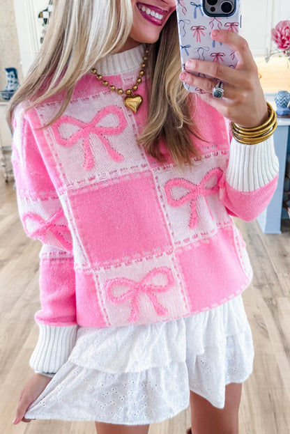 Pink Sweet Bow Two Tone Checkered Sweater