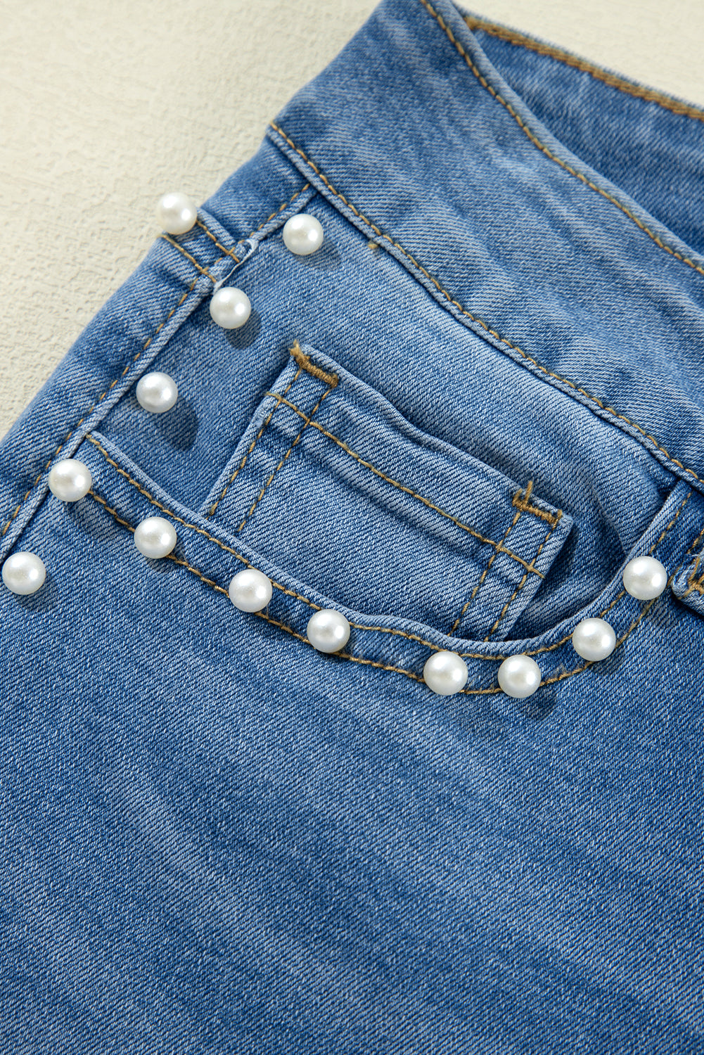 Dusk Blue Pearl Decor High Waist Flared Jeans