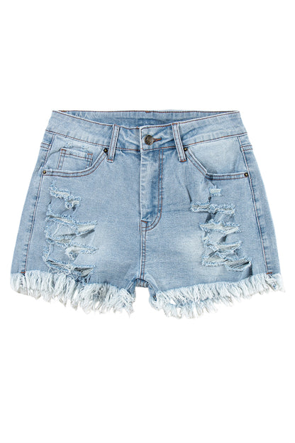 Light Blue Distressed Ripped Raw Hem High Waist Denim Shorts