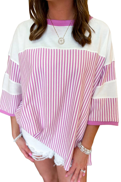 Dark Khaki Striped Patchwork Oversized Tee