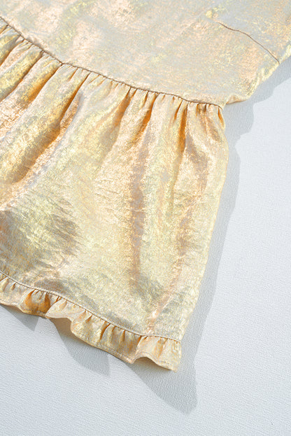 Gold Metallic Velvet Frill V Neck Puff Sleeve Babydoll Blouse