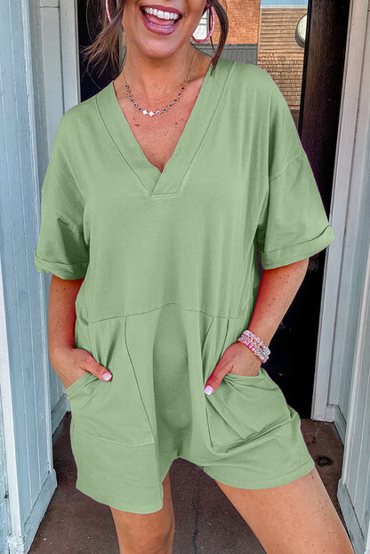 Myosotis Loose Half Sleeve V Neck Plain Romper
