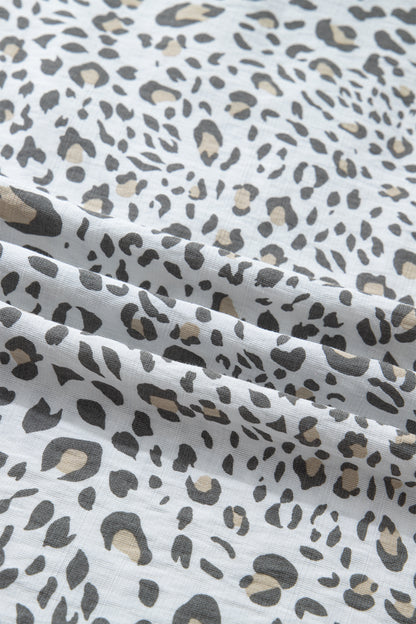 White Leopard Printed Color Block Patchwork V Neck Cap Sleeve Blouse