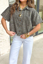 Gray Vintage Leopard Print Short Sleeve Loose Cotton Denim Shirt