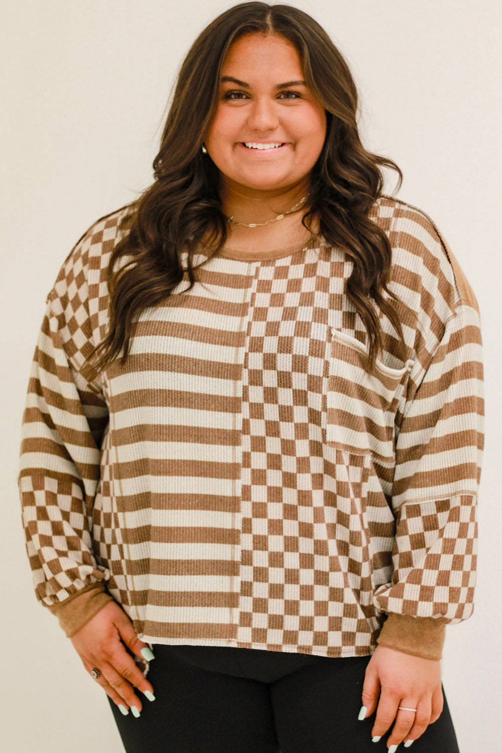 Khaki Striped Checkered Patchwork Ribbed Plus Size Top