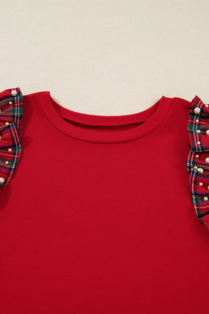 Racing Red Plaid Pearl Ruffled Sleeve Knitted Christmas Holiday Plus Size Top