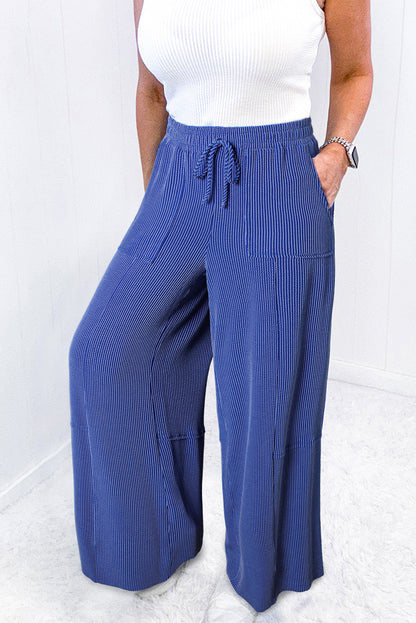 Sky Blue Corded Drawstring High Waist Pocket Plus Size Wide Leg Pants