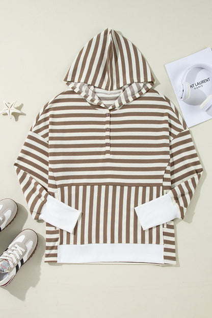 Brown Stripe Drop Sleeve Plus Size Henley Hoodie