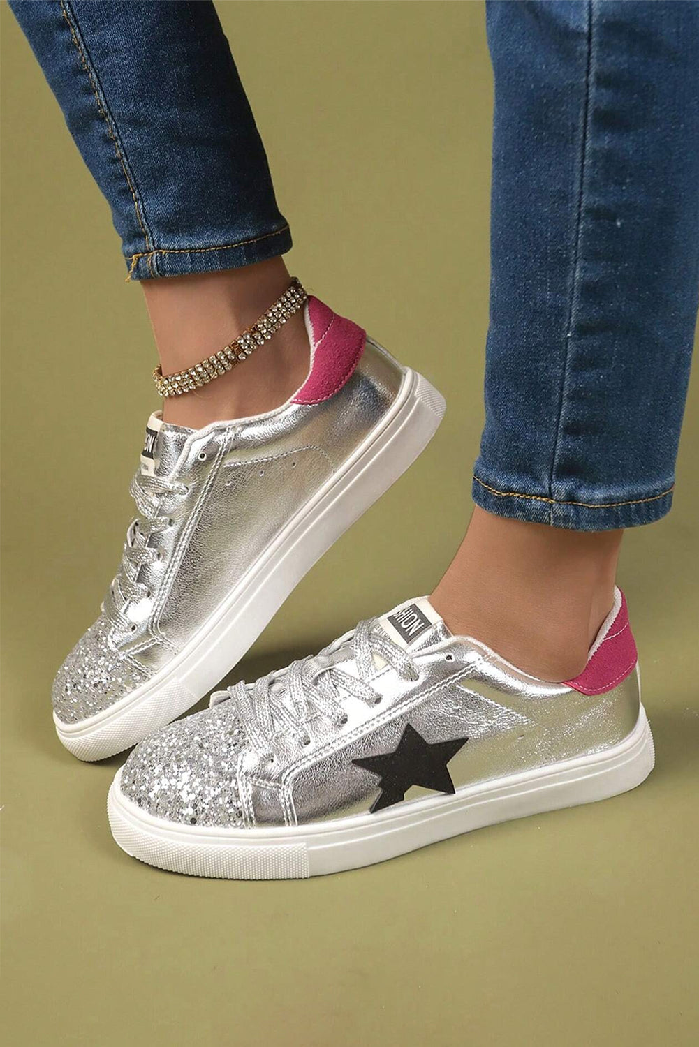 Silvery Metallic Luster Star Pattern Slip On Sneakers