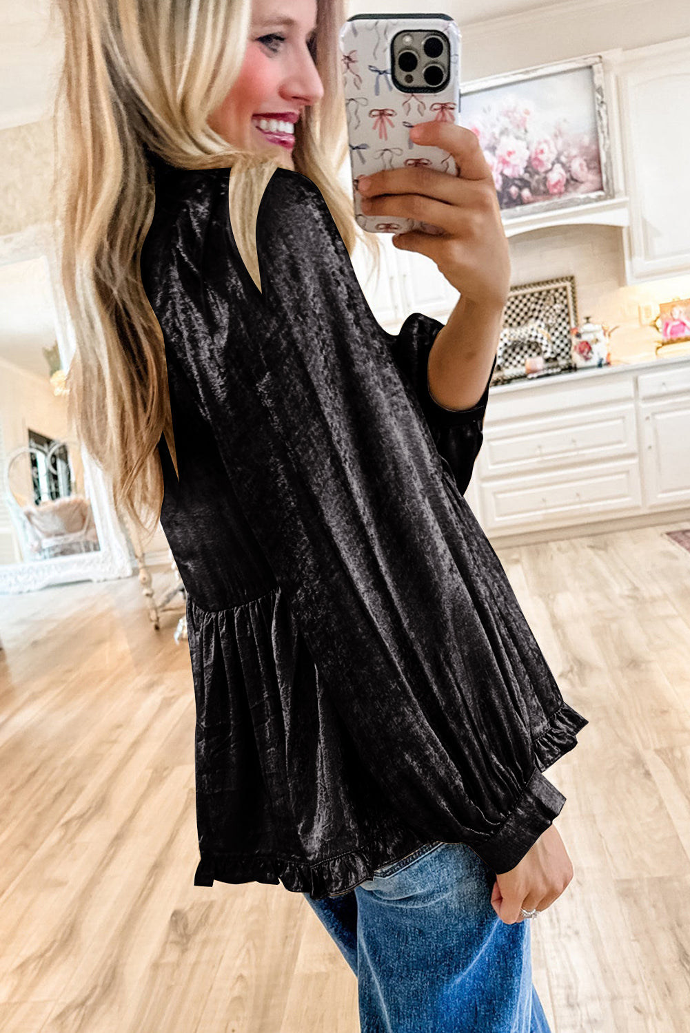 Black Velvet Frill V Neck Puff Sleeve Babydoll Blouse