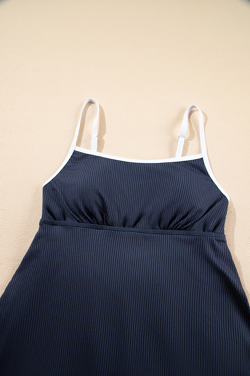 Navy Blue Color Block Edge Ribbed Pocketed Lined Athletic Dress