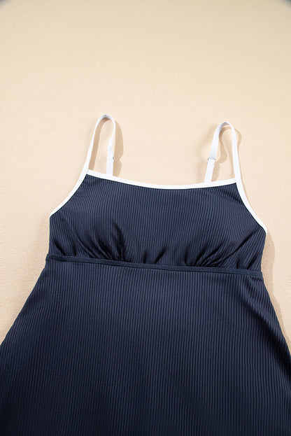 Navy Blue Color Block Edge Ribbed Pocketed Lined Athletic Dress