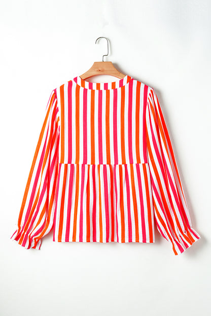 Orange Stripe Balloon Sleeve Notched V Neck Blouse