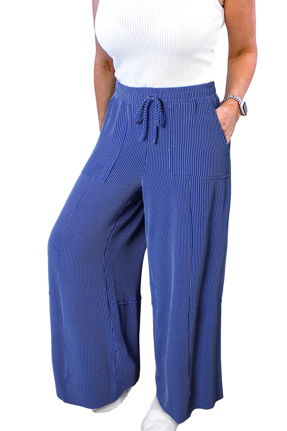 Sky Blue Corded Drawstring High Waist Pocket Plus Size Wide Leg Pants