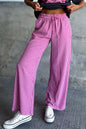 Pink Plaid Print Drawstring High Waist Wide Leg Casual Pocket Pants