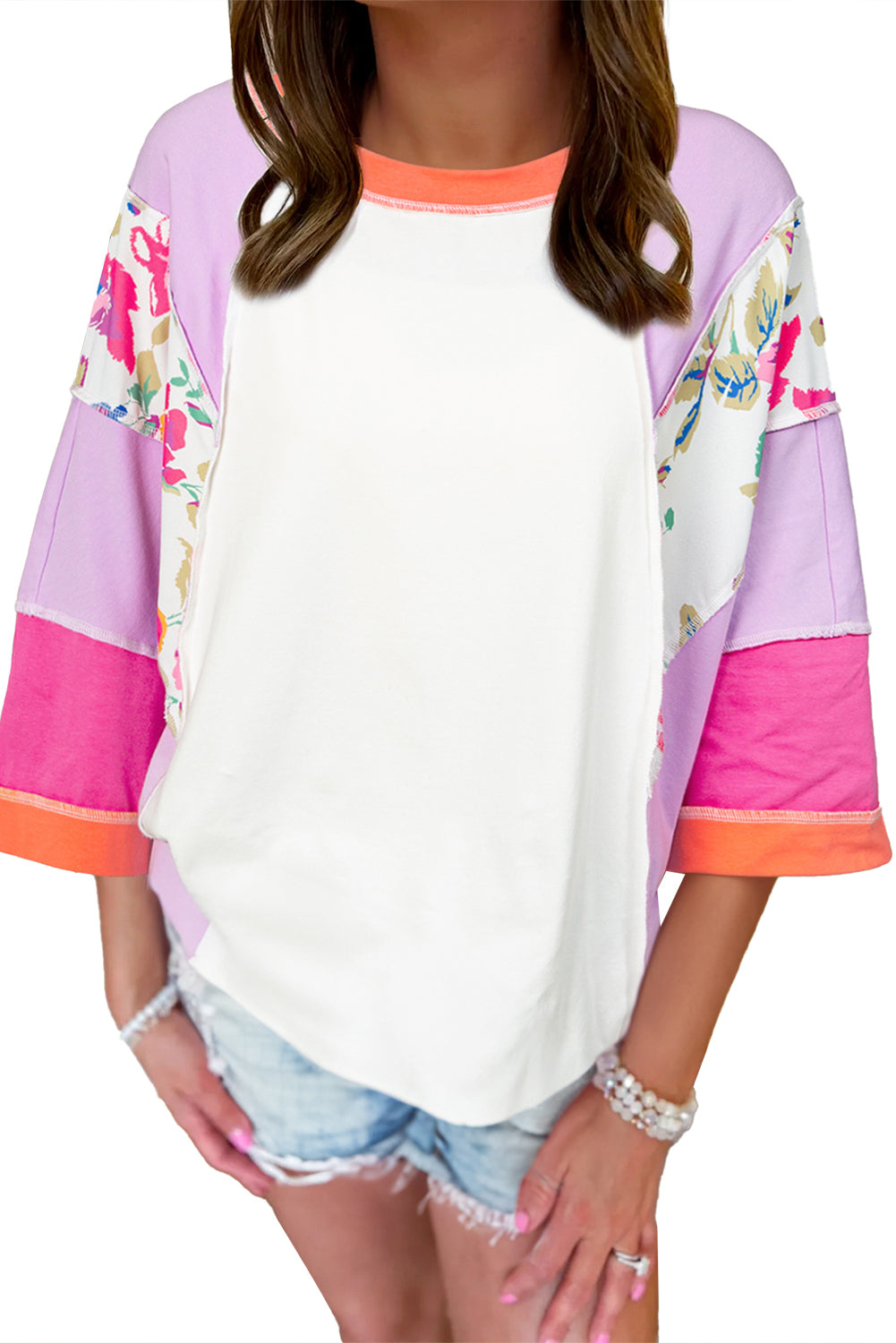 Sachet Pink Floral Patchwork Colorblock Loose Top