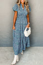 Blue Abstract Print Split V Neck Shirred High Waist Maxi Dress