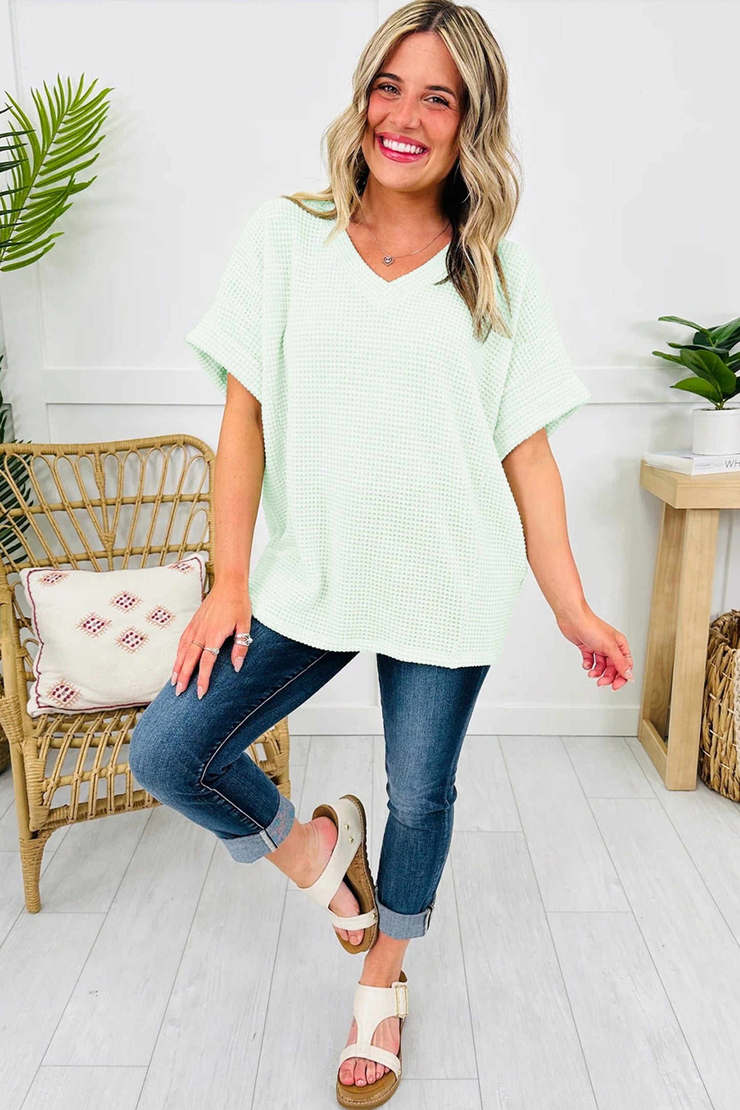 Clearly Aqua Waffle V Neck Short Sleeve Knit Top