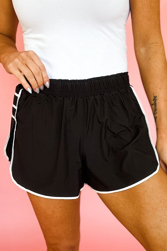Black Contrast Trim Pleated Casual Active Shorts