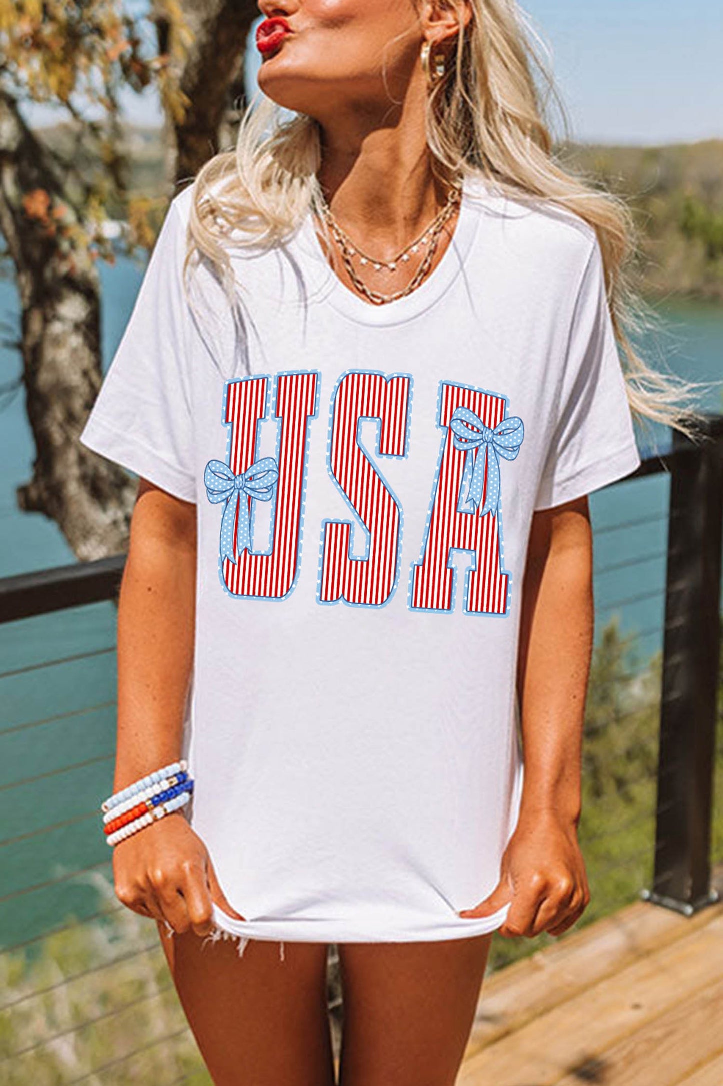 White USA Patriotic Letter Print Summer Casual T Shirt
