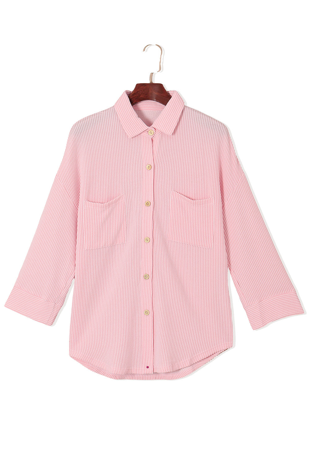 Pink Solid Color Textured Roll Tab Sleeve Shirt Shacket