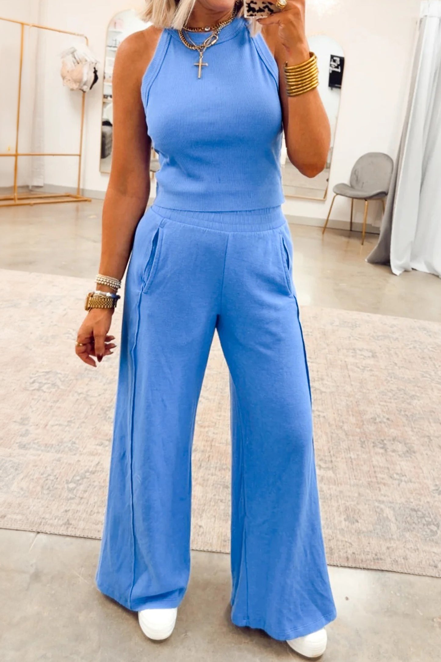 Sachet Pink Slim Ribbed Tank Top and Sweatpants Set